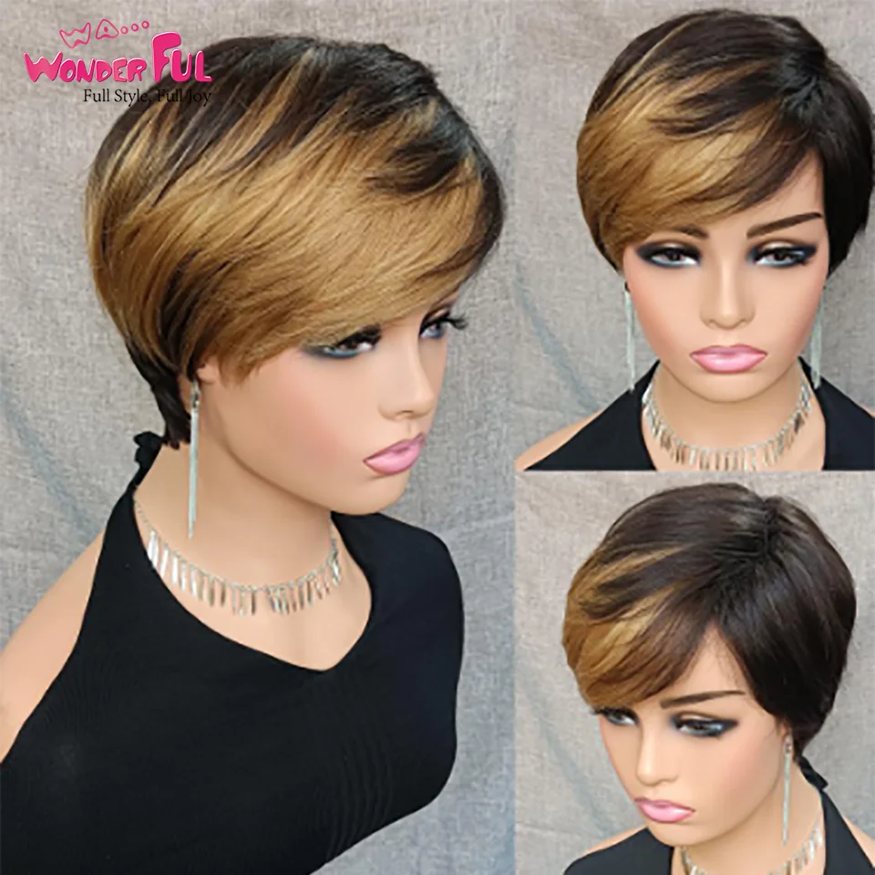 Pixie corta peruca de cabelo humano com franja para mulheres, cabelo brasileiro curto, cabelo remy, sem cola e reto, destaque loiro dourado,