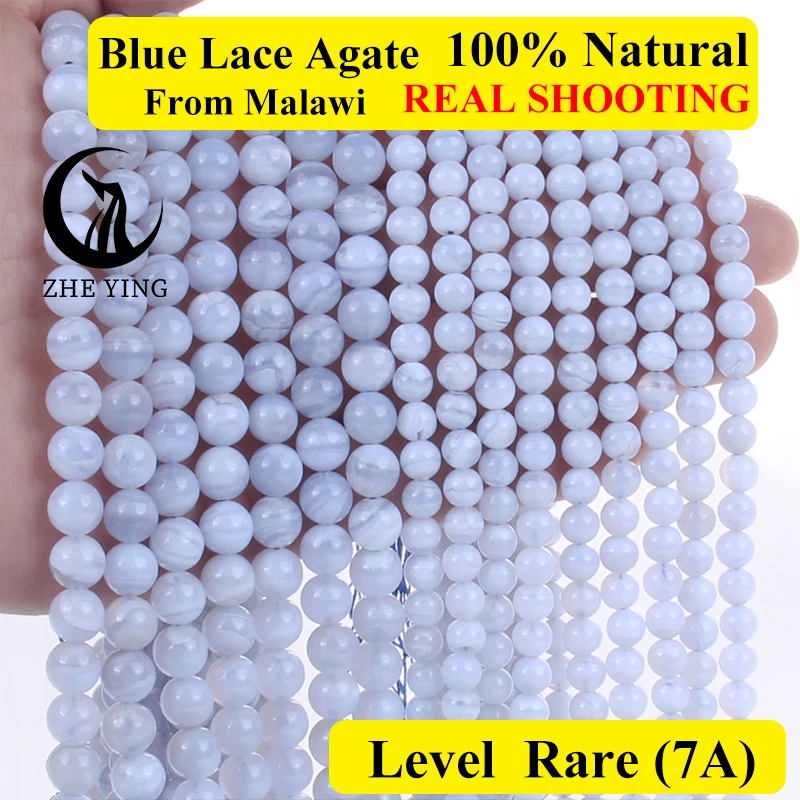 Zhe Ying 100% Natural Blue Lace Agates Stone Beads Round Loose Beads for Jewelry Making Needlework Beads Diy Bracelet 15\'\'