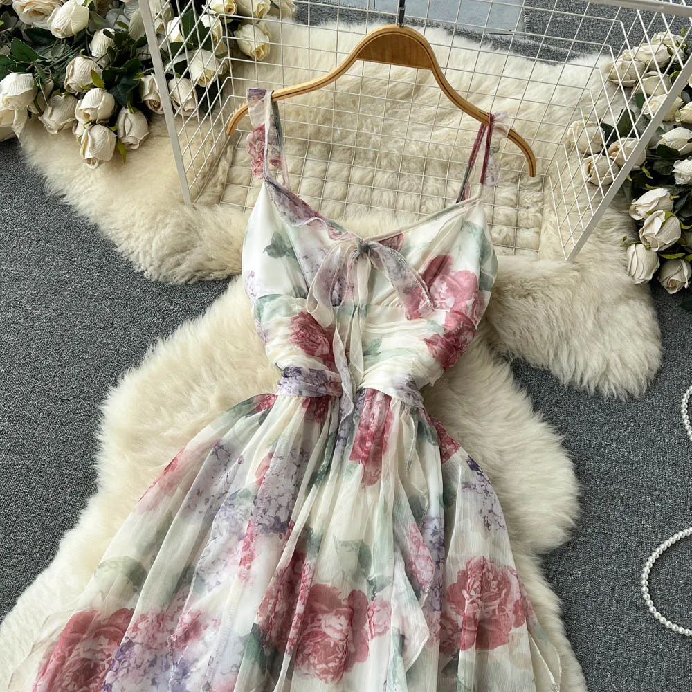 Women's Summer New French Lace up Waist Closing V-neck Fairy Dress  Flower Print Ruffed Edge Suspender Strap Mesh Dresses