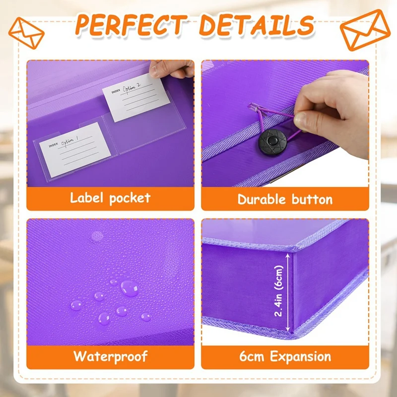 5Pack A4 Plastic File Wallet Envelope Expanding File Folder& Label Pocket Clear Colored Waterproof For Office Home