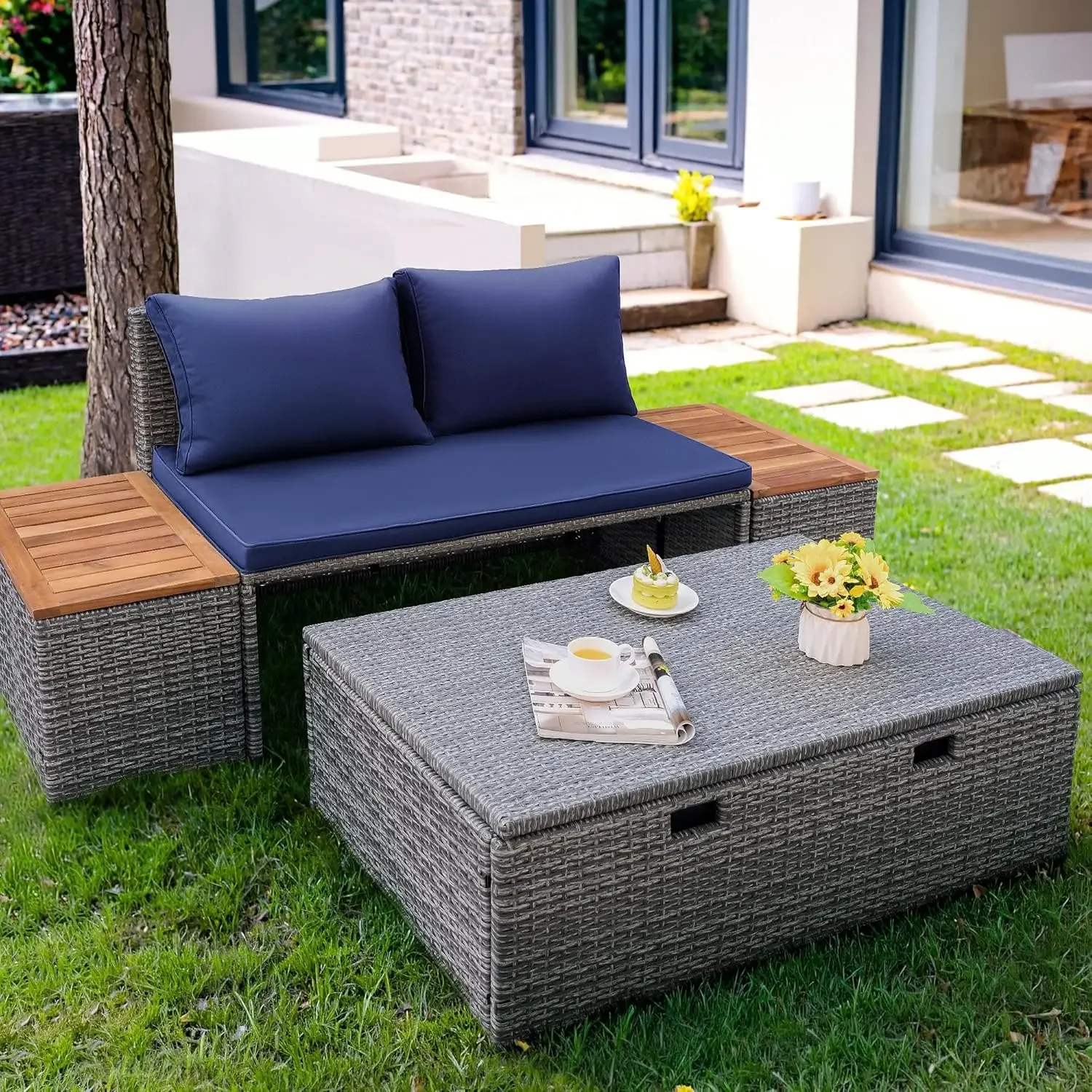 Outdoor Rattan Lounge Chair with 2 Side Tables,Storage Ottoman,Chaise Lounge Chair for Backyard Porch Poolside(Deep Blue)