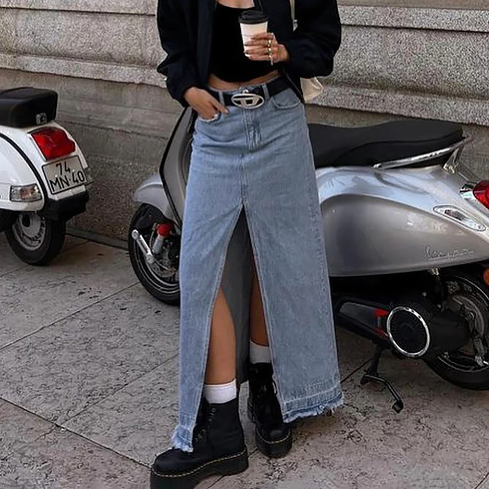 

European And American Style Women's Vintage Long Denim Skirt High Waist Slim Fit Split Hip Overskirt for Autumn