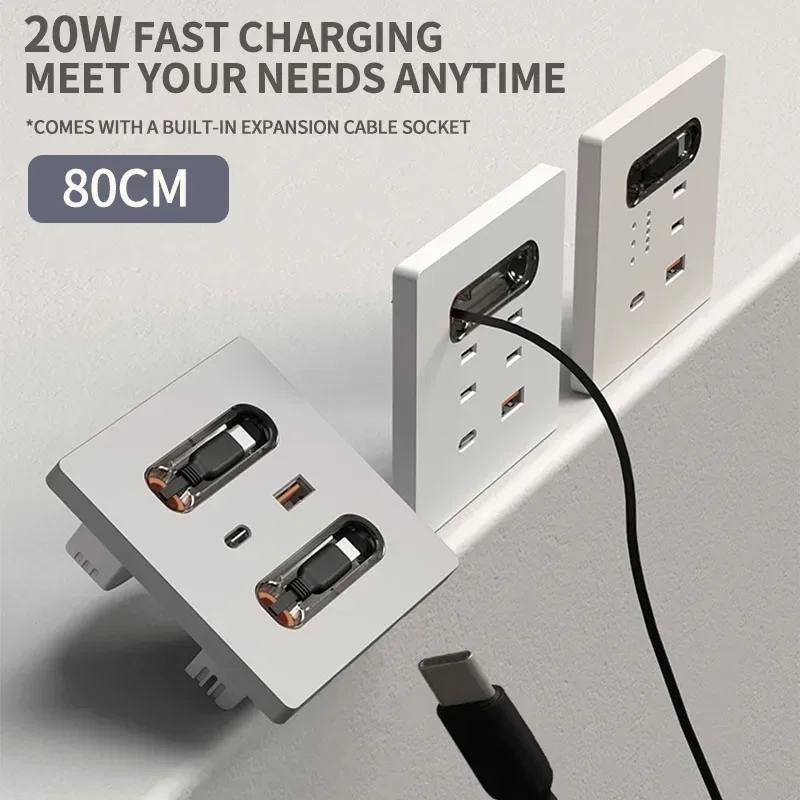 86-Type Wall Socket Panel with 20W USB-C PD & USB-A Ports | 80CM Retractable Cable for iPhone/Android Fast Charging​