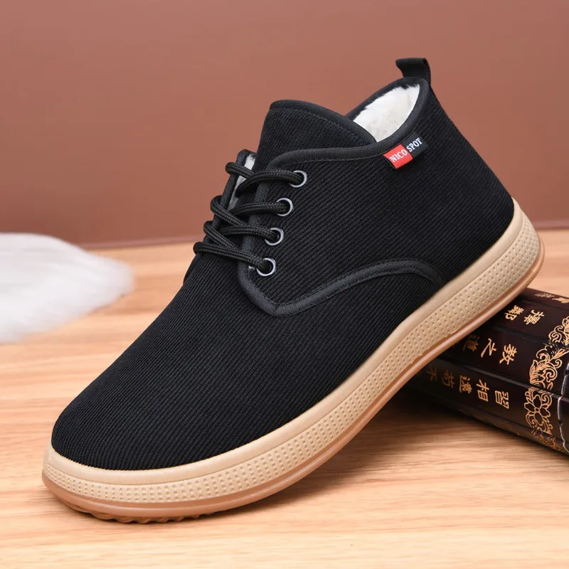 Men Winter Corduroy Upper Lace Up Cotton Shoes Plush Lined Non-slip Flat Sole Warm Ankle Casual Shoes