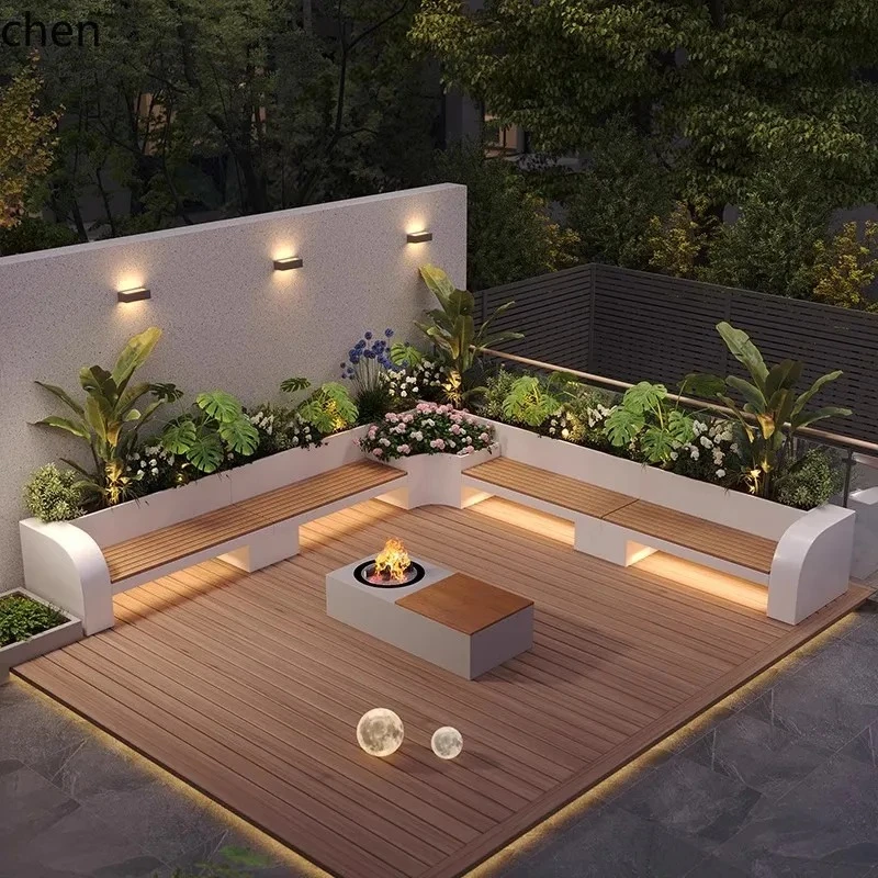 QZT Courtyard Stainless Steel Flower Box and Stool Set Terrace Iron Art Flower Bed Outdoor Leisure Seat
