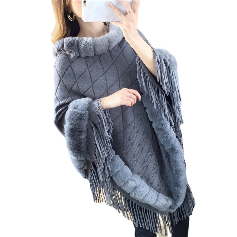 

Autumn Winter Imitation Rabbit Fur Women's Coat Imitation Wool Collar Pullover Shawl Warmth Poncho Capes Blue Cloaks