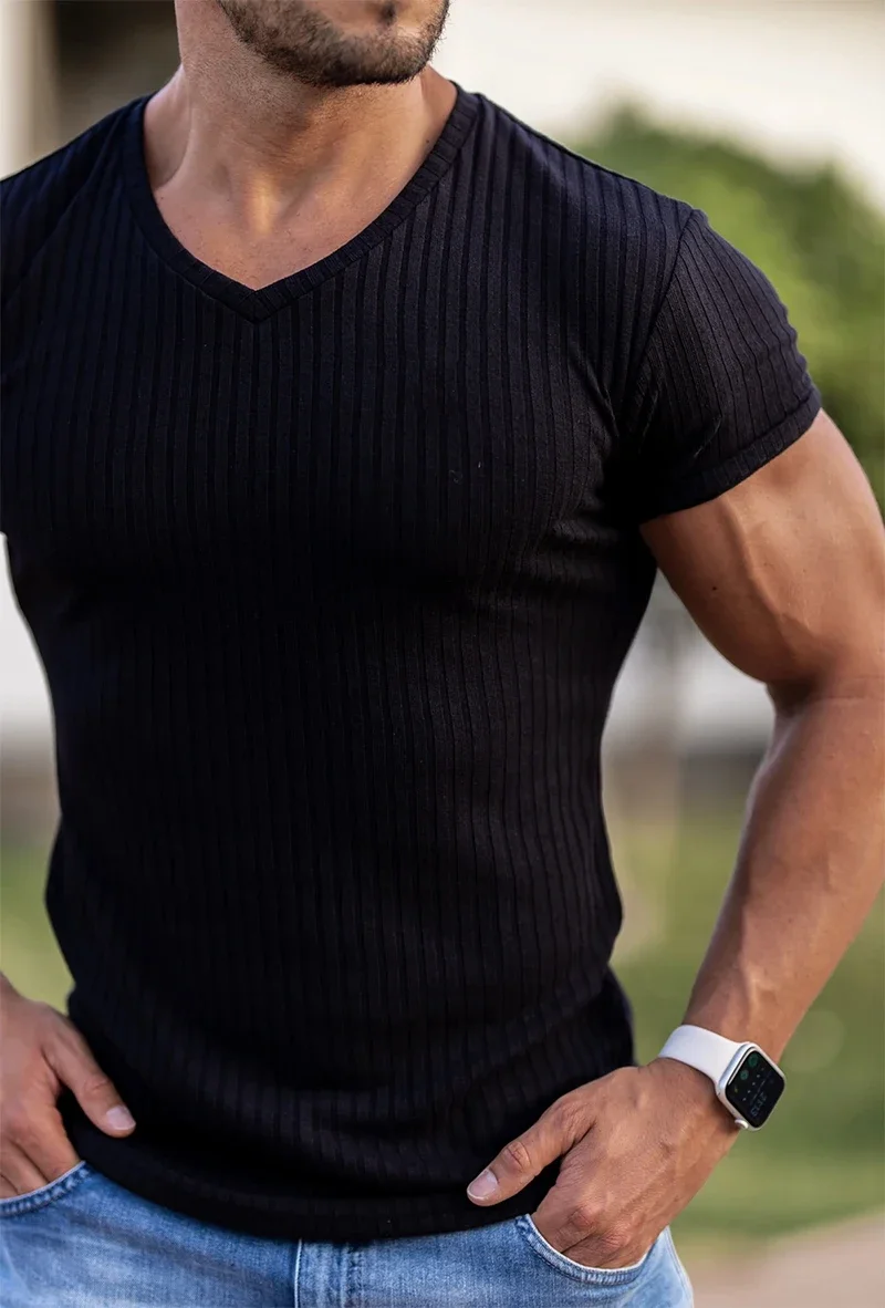 Gym T-shirt Men V Neck Short Sleeve Knitted Tshirt Sports Slim Fit Tee Shirt Male Fitness Bodybuilding Workout Summer Clothing