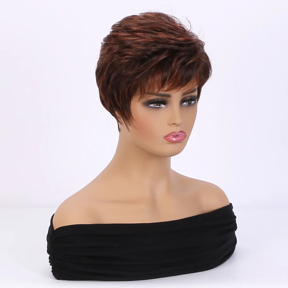 Women\'s Fashion Short Synthetic Wigs Pixie Cut Brown Ombre Hair Costume Party Wigs for Woman Fluffy Natural Curly Wavy Wig