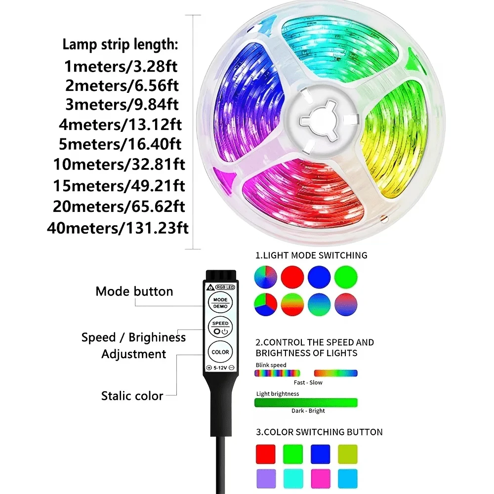 RGB Stage Atmosphere LED Strip Lights 99.97cm-40.0meter USB Powered 3-Key Control Color Changing Lighting for Party Show Wedding