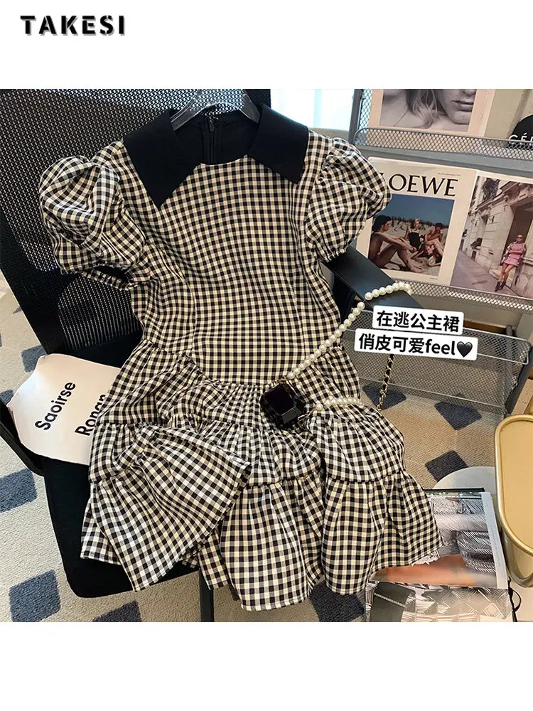 

Vintage Sweet Short Sleeve Plaid Print Patchwork Mini Dresses 2023 Summer Women's Elegant Chiffon High Waist Princess Dress