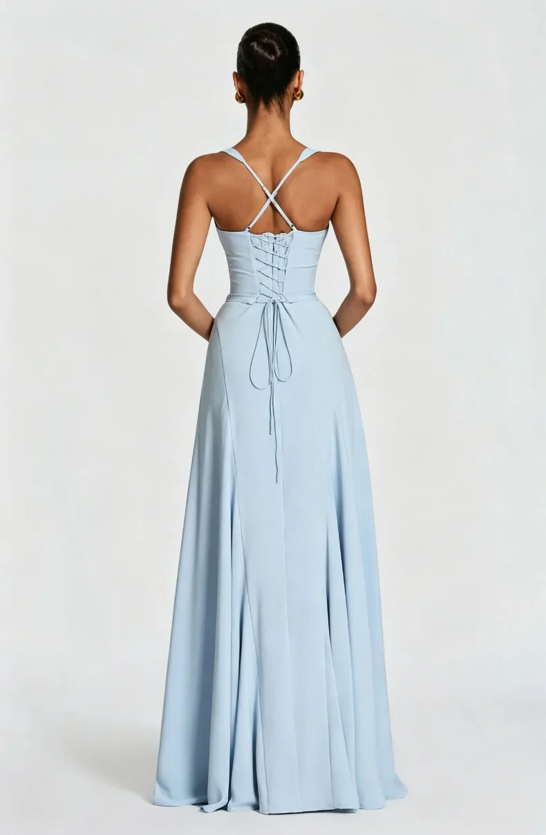 Einfarbiges trägerloses Camisole-Kleid mit Rückenausschnitt und Taillenbund, A-Linien-Kleid, elegantes Abendkleid für Geburtstagsfeiern und Brautjungfern. – Detail 17