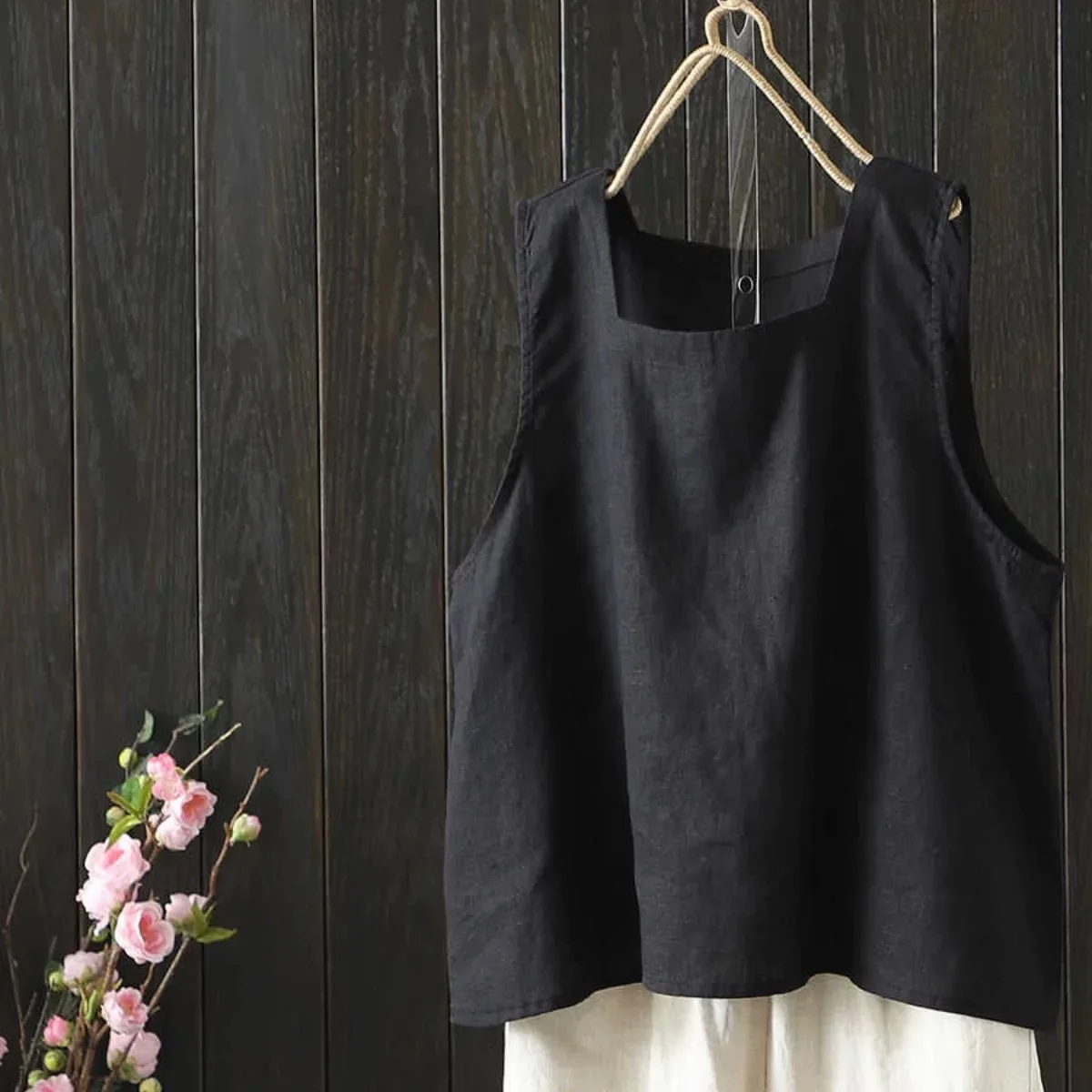 Summer New Cotton Linen Square Collar Strap Vest Women's plus Size Loose Svel Top Inner Wear Outer Wear Base irt