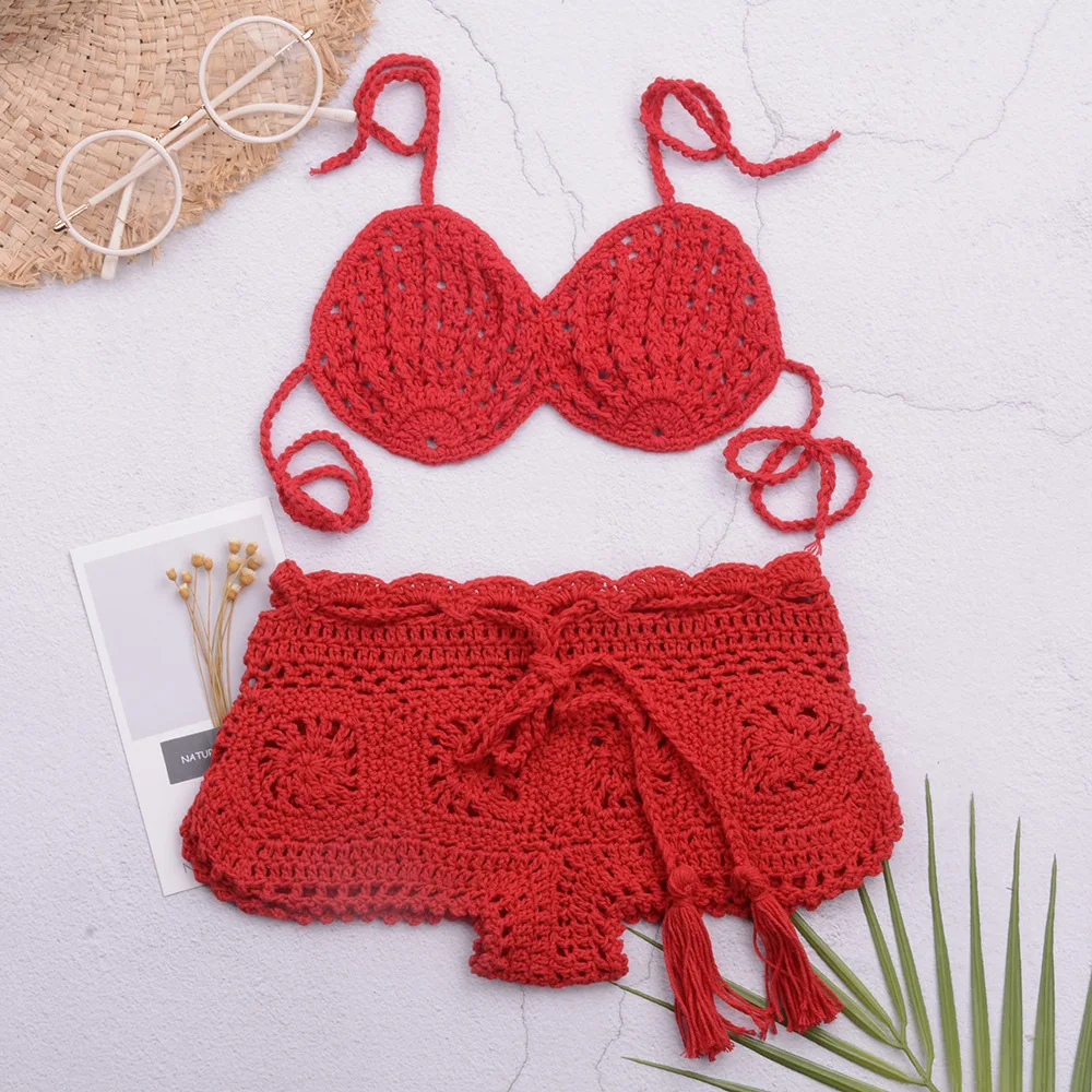 Beach Hand Crocheted Flower Shorts Children's Swimsuit Suit Separate-body girl style