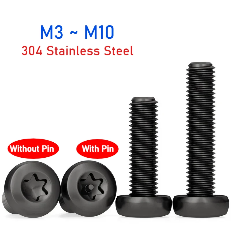 Black 304 Stianless Steel Six-Lobe Torx Pan Round Button Head Screw With/Without Pin Tamper Proof Security Bolt M3~M10