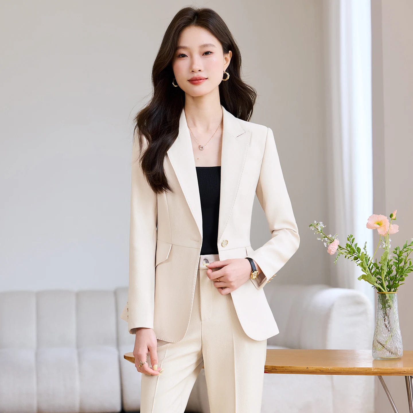 

NAVIU Women Pant Suit Pink Apricot Black Solid Office Ladies Female Business Work Wear 2 Piece Set Formal Blazer And Trouser