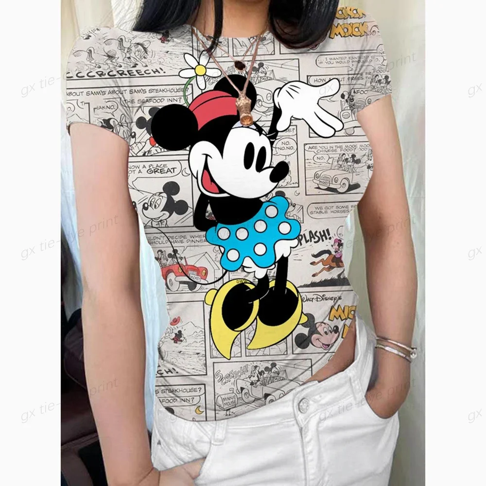 Tops de manga curta do Mickey Mouse feminino, gola redonda, camiseta de forro duplo, ajuste fino, camiseta básica, nuvem de fumaça, coleção profissional