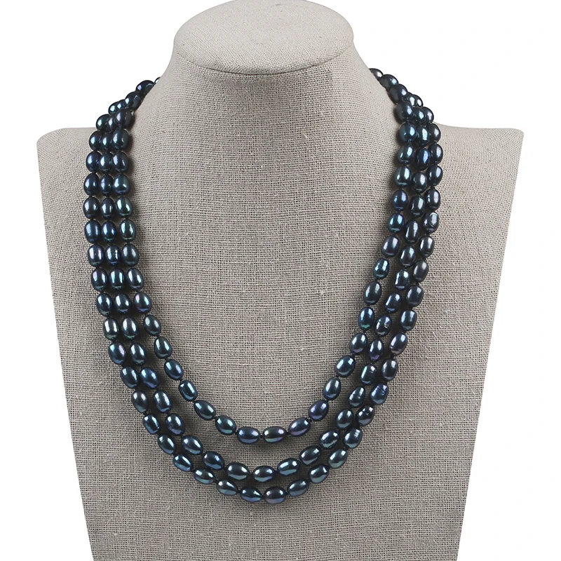 Three Rows Necklaces 925 Sterling Silver 6.5-7.5mm Natural Black Freshwater Rice Pearl Necklace