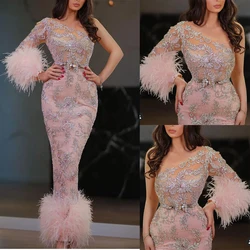 Luxury Light Pink Mermaid Evening Dresses One Sholder Beaded Appliques Feather Party Gowns Classic Formal Dress