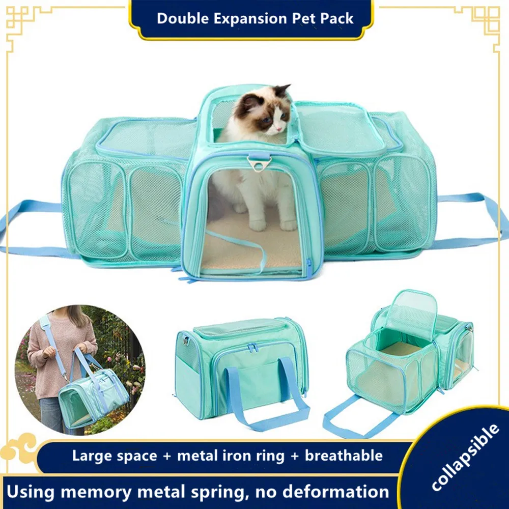 Double 2 Expansion Pet Travel Bag Cat Dog Nest Outing Shoulder Box Suitcase Foldable Handbag Breathable Luggage Case Large House