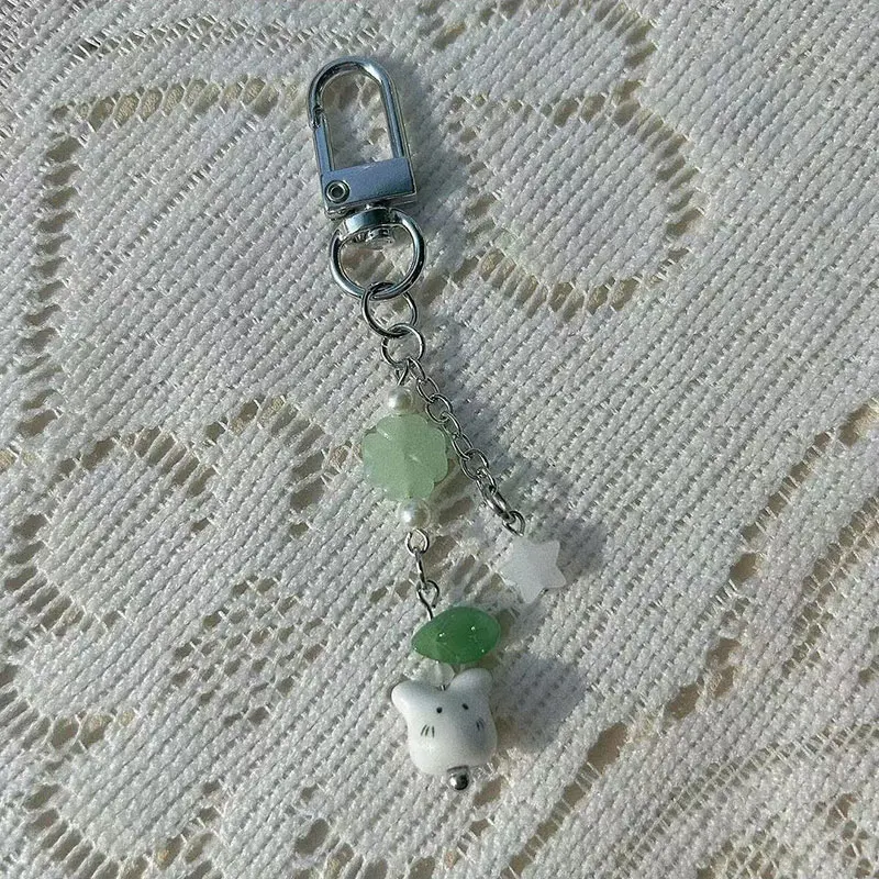 Handmade four leaf clover beaded phone charm y2k cute cat keychain