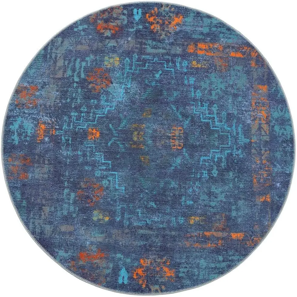 Blue Turquoise Geometric Tribal Round Rug Orange Accents Modern Bohemian Living Space