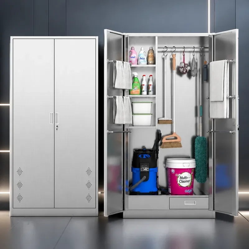 Stainless Steel Cleaning Cabinet Rust Proof Locker for Mops and Sanitary Tools Storage for School and Household Use