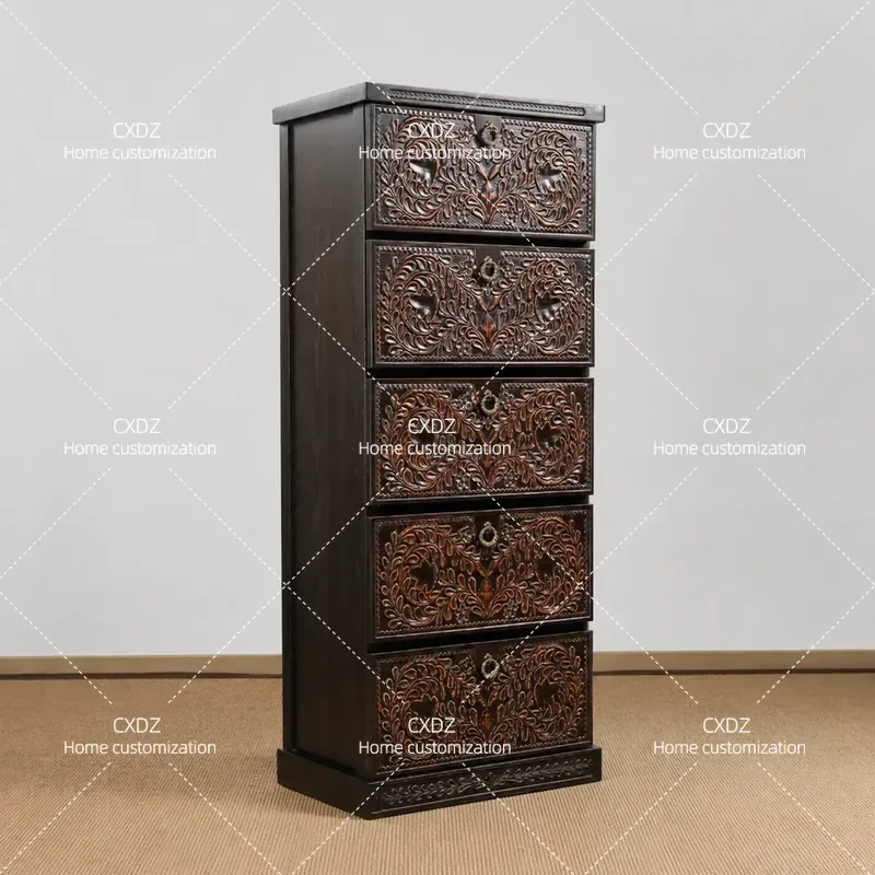 Solid Wood Carved Floral Retro Chest of Drawers Living Room Storage Cabinet Furniture