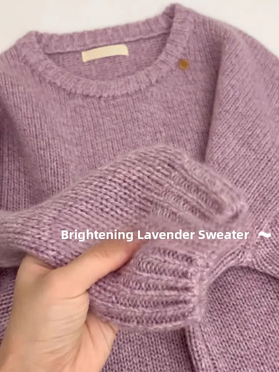 

Elegant Purple Long Sleeve round Neck Knitwear Women's Autumn Winter New Style Soft Cozy Overhead Sweater Korean Style Commute