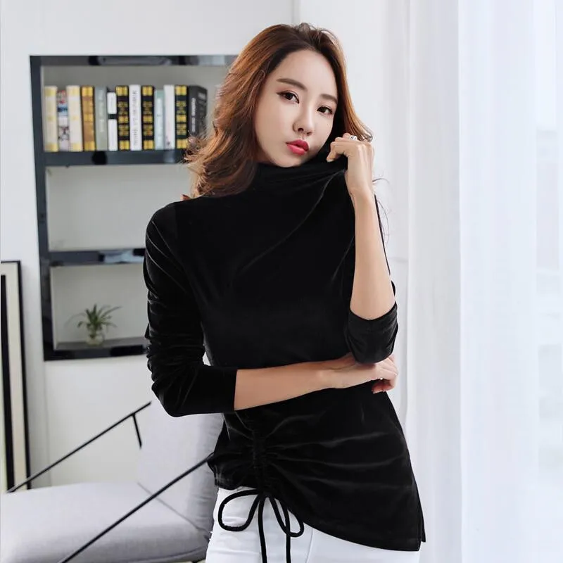 Female Elegant Drawstring Velvet T-shirt 2024 Autumn Winter Turteneck Long Sleeves Slim Lady shirts camisetas mujer elegantes