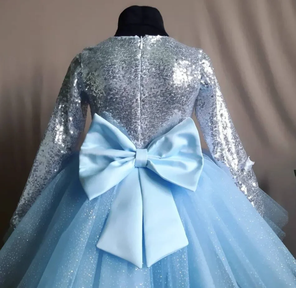 Poinrobe à fleurs avec nœud pour filles, robe d'anniversaire à paillettes argentées, tutu en tulle pour tout-petits, tenue élégante