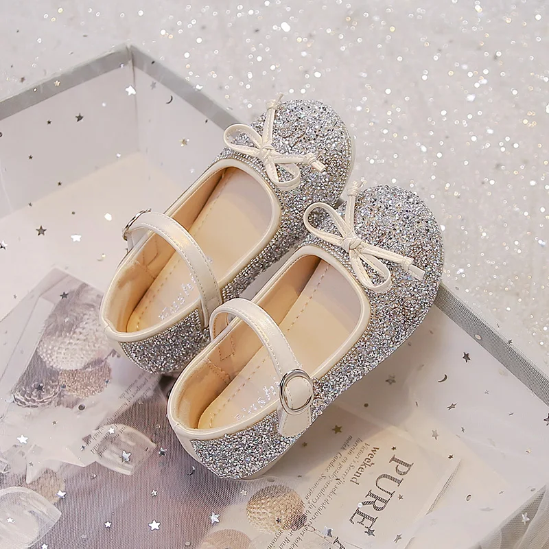 

Children Leather Shoes For Girls Toddlers Big Kids Dress Shoes For Wedding Party Glitter Sequined Fabric With Bow-knot Mary Jane