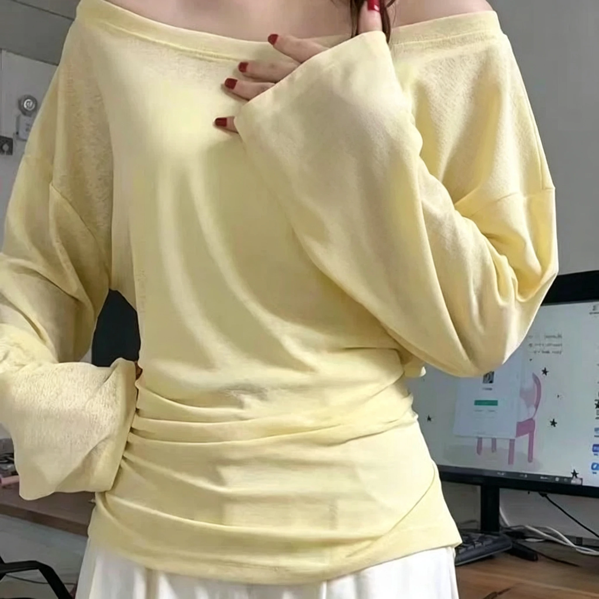 Women Stylish Off‑Shoulder See‑Through Mesh Blouse Long‑Sleeve Tees Back Bandage Detail Oversized Loose Korean Casual Daily Tops