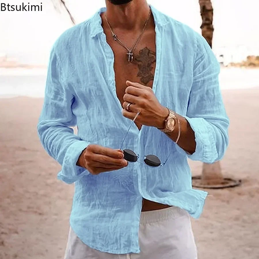 2024 Strandvakantie-Stijl Heren Casual Shirt Met Lange Mouwen Mode Effen Losse Katoenen Linnen Ademende Revers Tops Man Dagelijkse Blouses