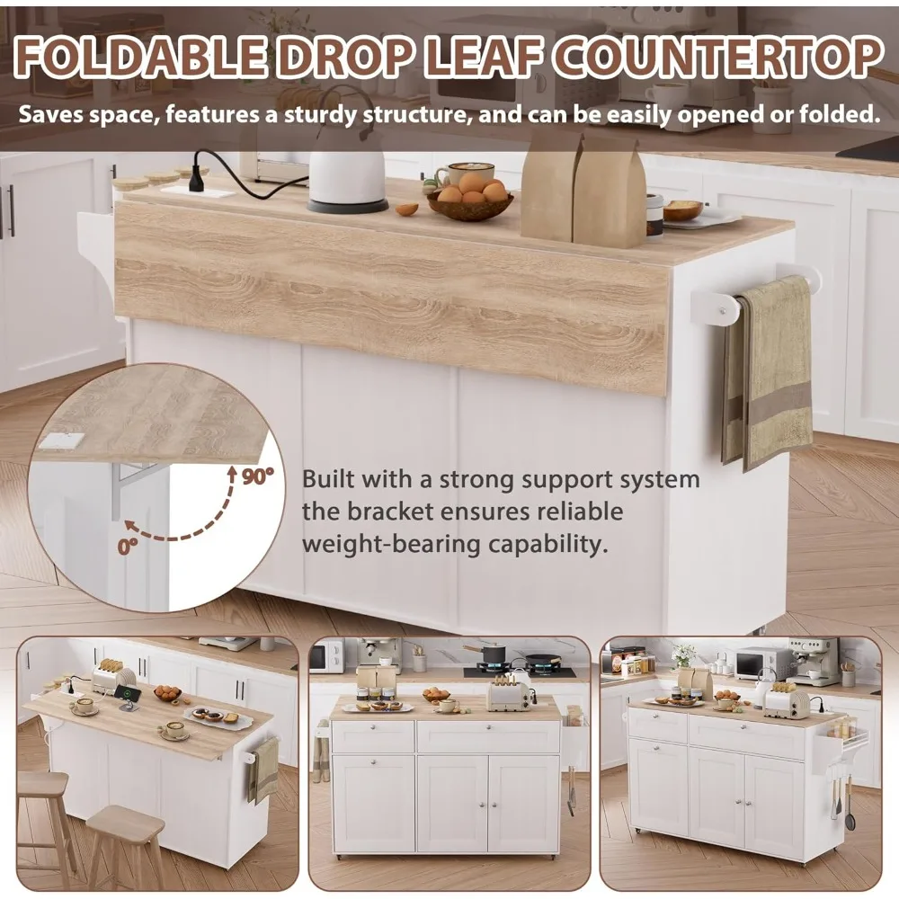 جزيرة مطبخ متنقلة مع طاقة مدمجة وأوراق متدلية، عربة مطبخ دوارة مع مساحة تخزين لصندوق النفايات، محطة مطبخ محمولة #2