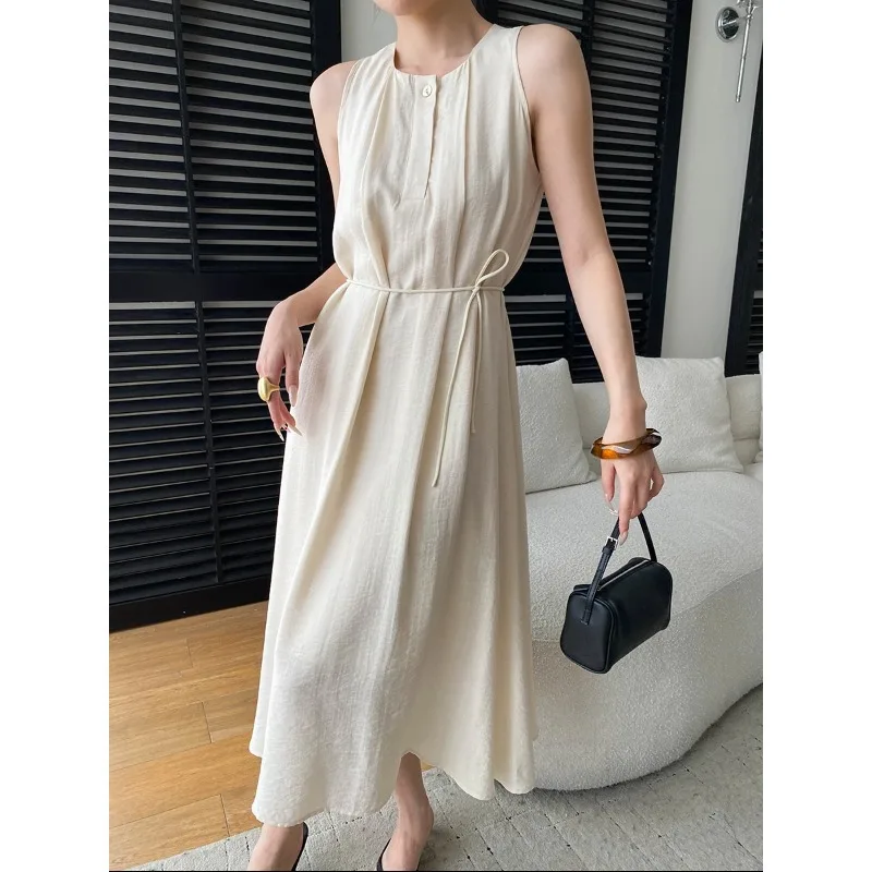 

Французское летнее платье-жилет без рукавов с плиссировкой, завязками на талии и круглым вырезом, модное, простое, темно-синее, для женщин