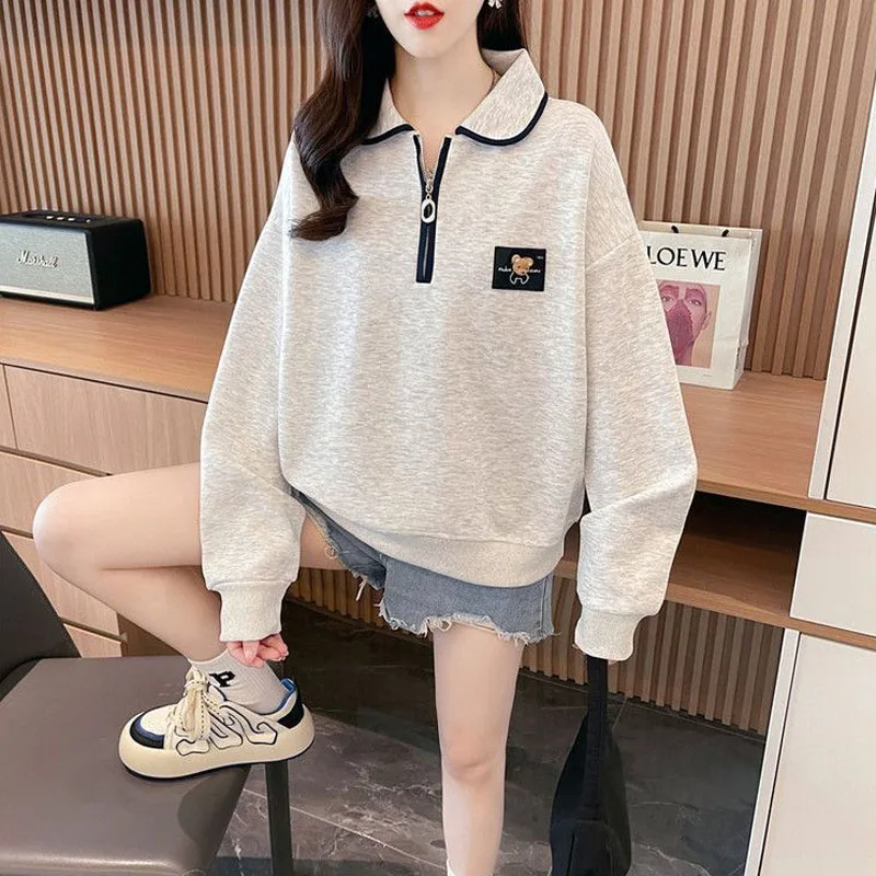 New Spring and Autumn Fashion Korean Edition Colorblock Polo Neck Half Zip Thin Loose Versatile Western Slim Women\'s Sweater