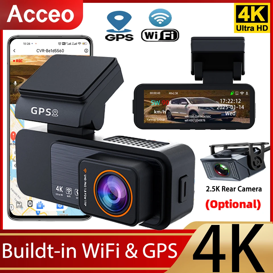 Acceo 4K Ultra HD Dash Cam 2160P Car Recorder Night Vision Optional 2.5K Rear Camera WiFi GPS Tracker Car Safety Camera for Auto