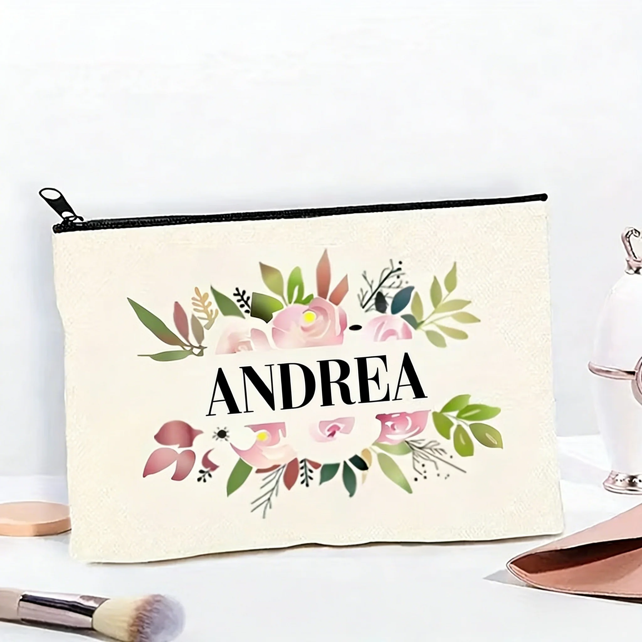Personalized Custom Name Makeup Bag, Bright Floral Design, Durable Canvas Polyester Material, Zipper Closure, Lightweight bag