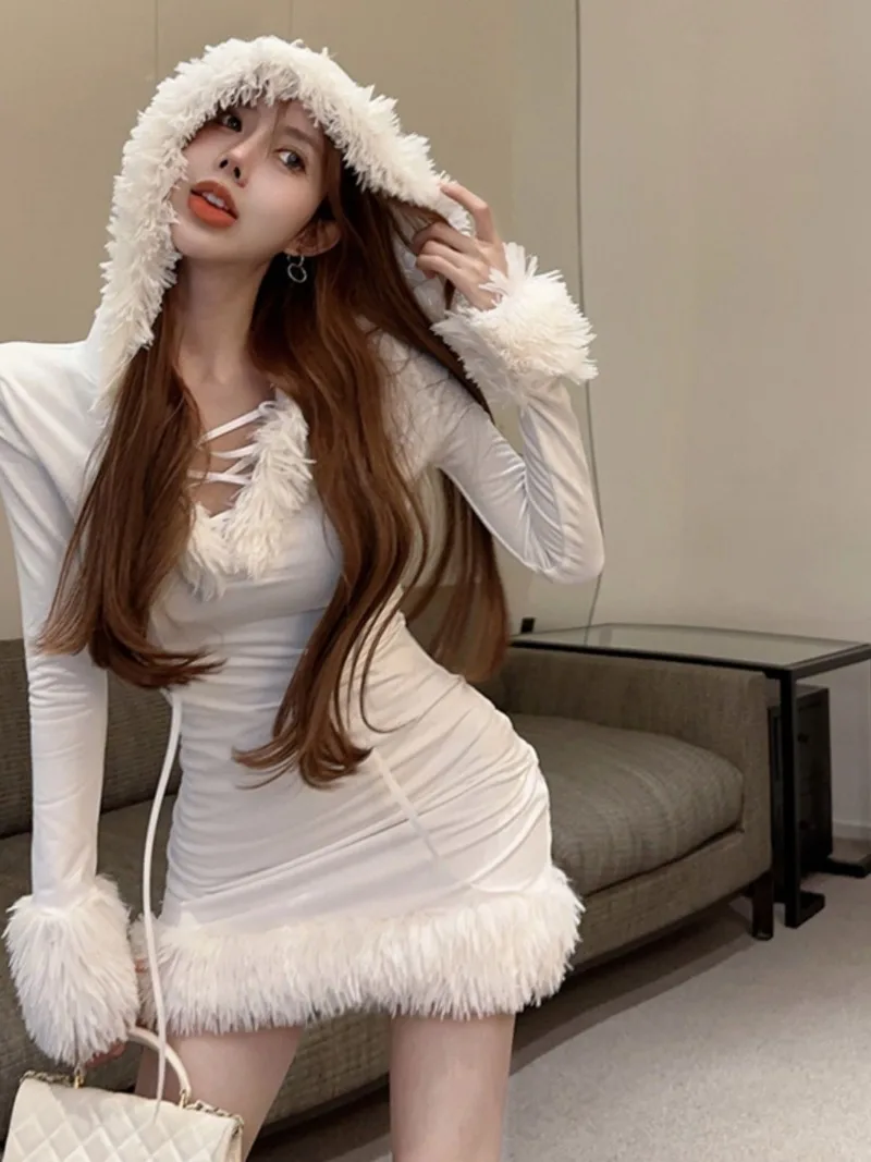 White Bodycon Woman Dress Tunic Fashion Autumn Robe Femme Y2k Clothing 2024 Vestidos De Mujer Hooded Long Sleeve Mini Dresses