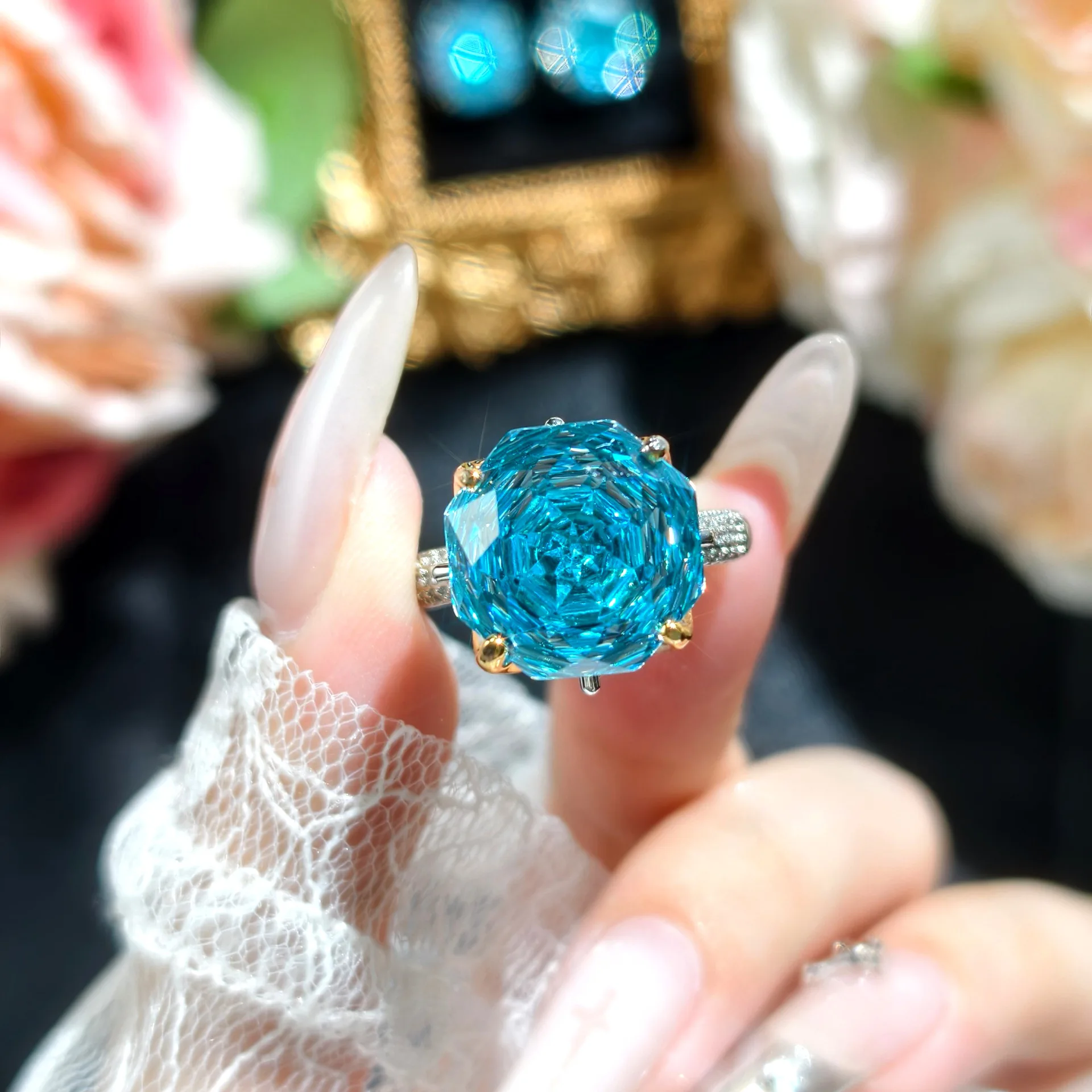 

Роскошное кольцо с кристаллами розы, женские свадебные аксессуары на палец, блестящий камень, синее, зеленое кольцо, женские ювелирные изделия, регулируемые