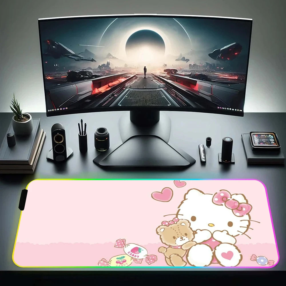 Cartoon Cute Hello Kitty RGB Pc Gamer Keyboard Mouse Pad Mousepad LED Glowing Mouse Mats Rubber Gaming Computer Mausepad funda