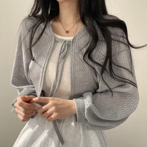여성용 자외선 차단 가디건, 루즈한 코트, 랜턴 소매, 레이스업 타이 가디건, 짧은 얇은 여름 아웃웨어