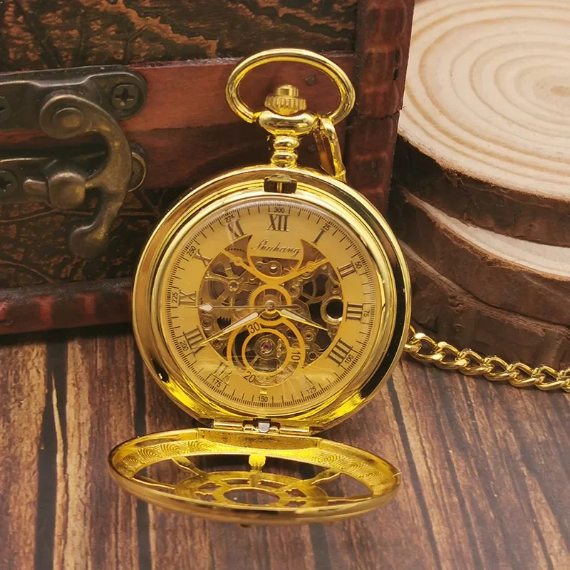 Top Brand Luxury Golden Skeleton Pocket Watch Roman Numerals Dial Mechacnical Hand-winding Men Women Pendant Watch Chain Gift