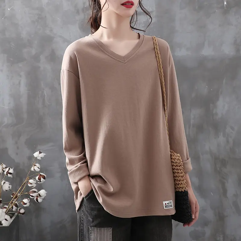 Spring and Autumn Women\'s Solid V-Neck Basic Epaulet Long Sleeve Loose Classic All-match Fashion Casual Office Lady Tops