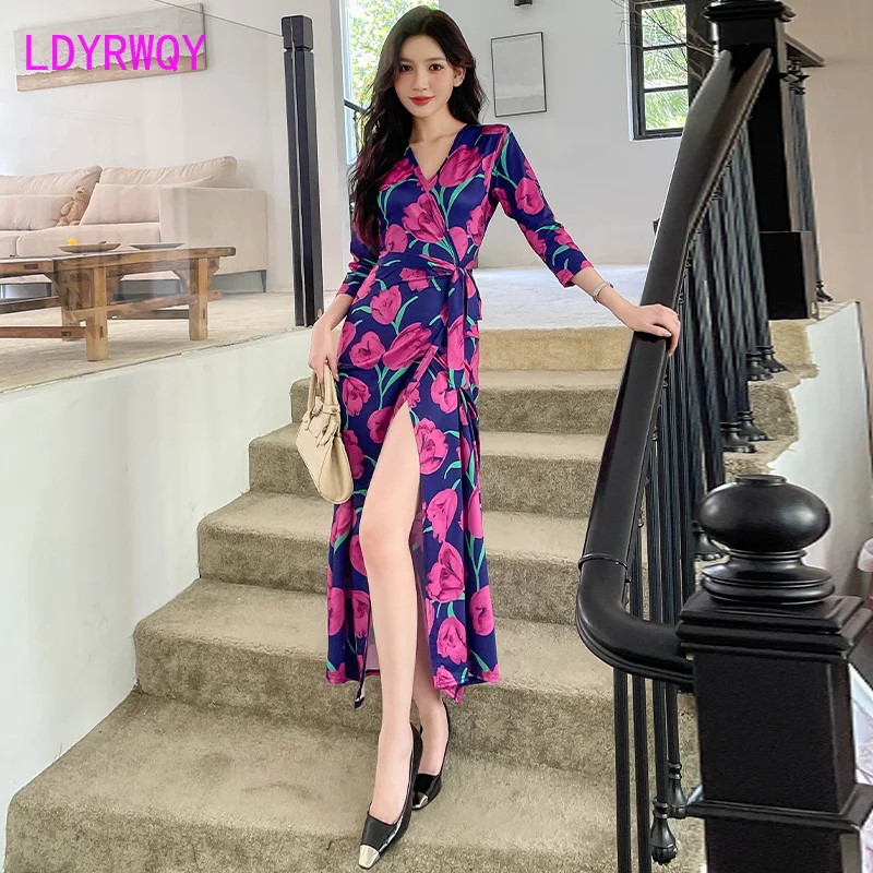 Printed Dress 2023 Autumn New Celebrity Slim Fit One Piece Split One Step Dress