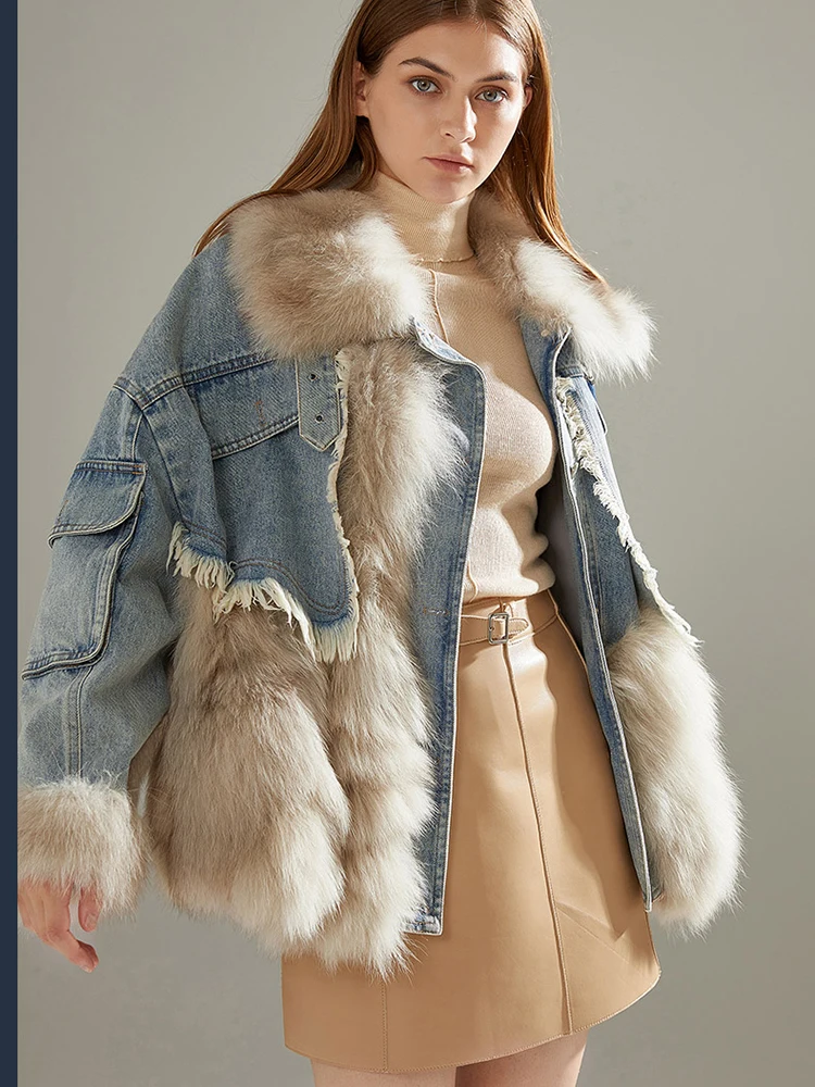 KBAT 2024 Women Winter Denim Jacket Oversize Large Fur Collar Plus Velvet Jacket Detachable Thick Loose Warm Bomber Jean Coat