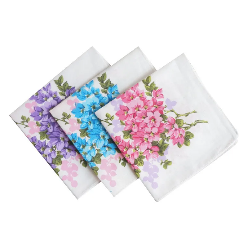 3Pcs 28x28cm 100% Cotton Vintage Flower Printed Women Lady Handkerchief Wedding Party Gift Random Color