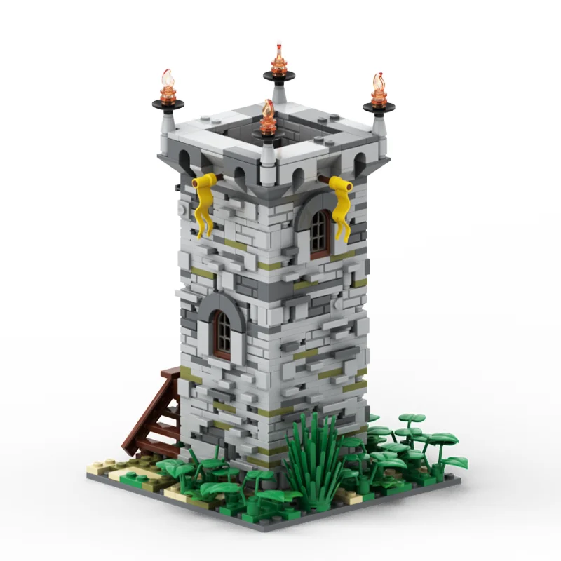 836-delige modelbouwstenenset – modulaire wachttoren met gedetailleerd steenwerk en houten brug – kasteeldiorama