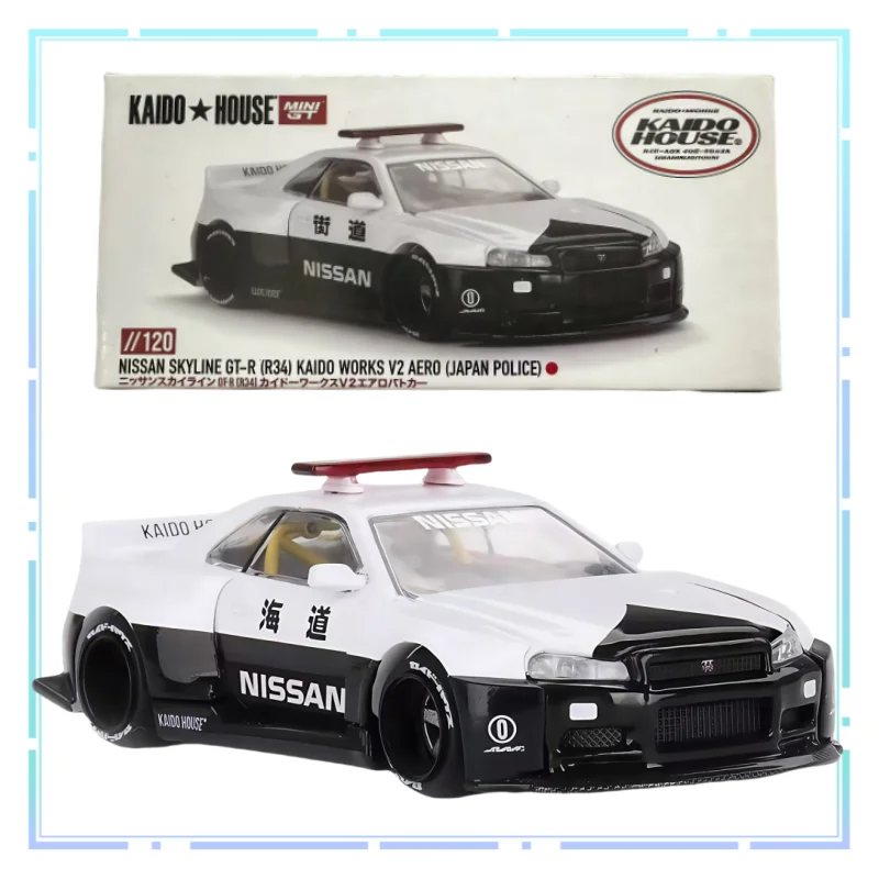 

KAIDOHOUSExMINIGT #120 Nissan Skyline GTR R34 Police Car 1/64 Alloy Car Model Simulation Collection Vehicle Collectible Gifts