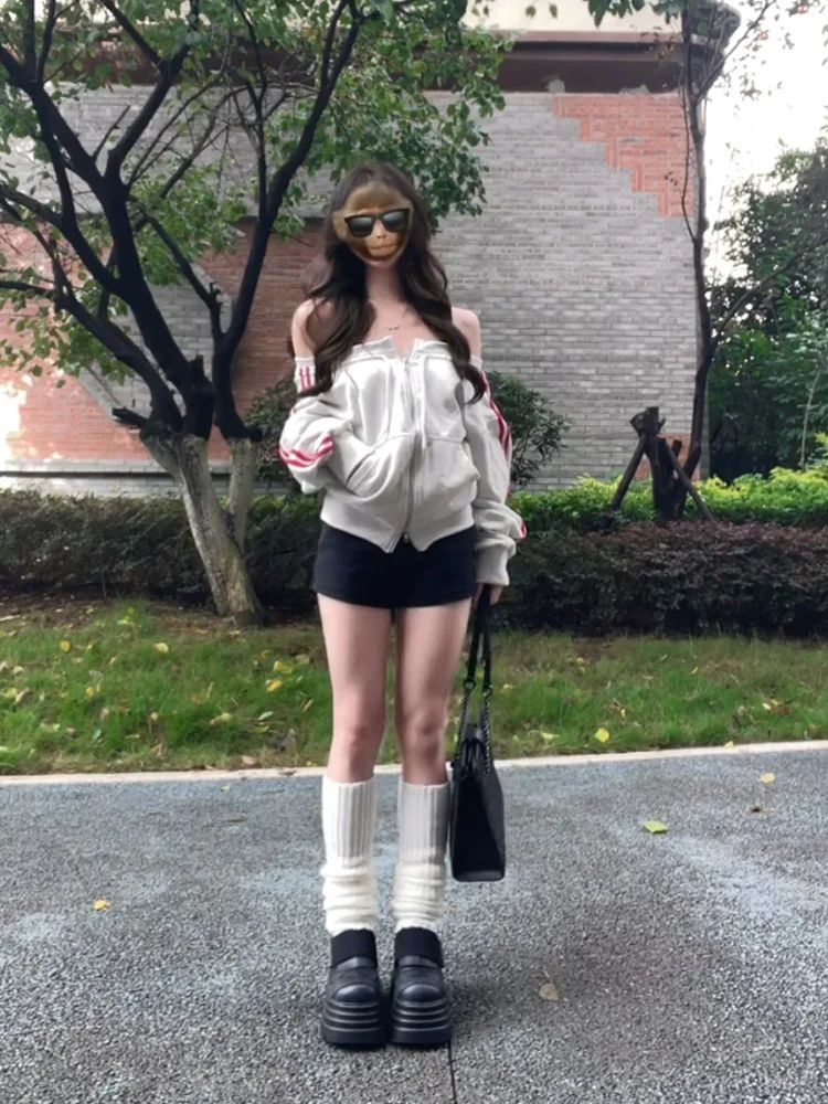 미국 핫걸 지퍼 스웨트셔츠 여성 슬림핏 어깨 노출 캐주얼 아우터웨어 한국 스타일 롱 슬리브 컬러